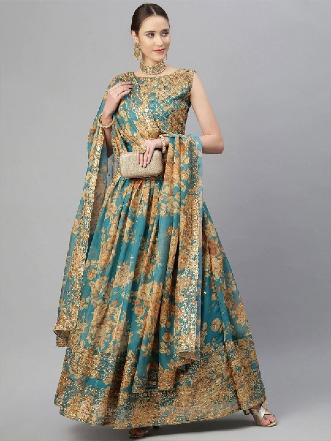 

FABPIXEL Floral Printed Sequinned Shibori Semi-Stitched Lehenga & Unstitched Blouse Set, Teal