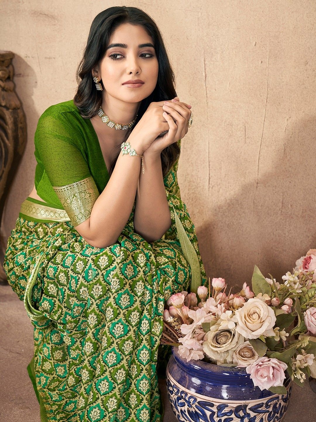 

all about you Floral Pure Chiffon Saree, Green