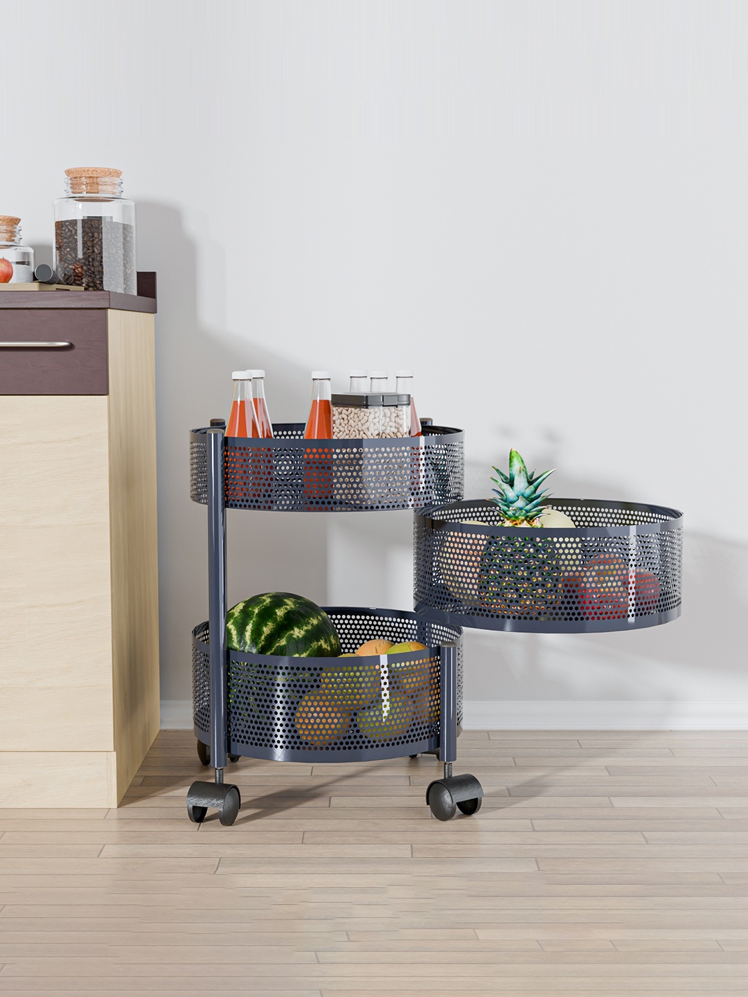 

Kuber Industries 2+1 Layer Kitchen Metal Storage Rack Wheels Unisex Grey Kitchen Trolley