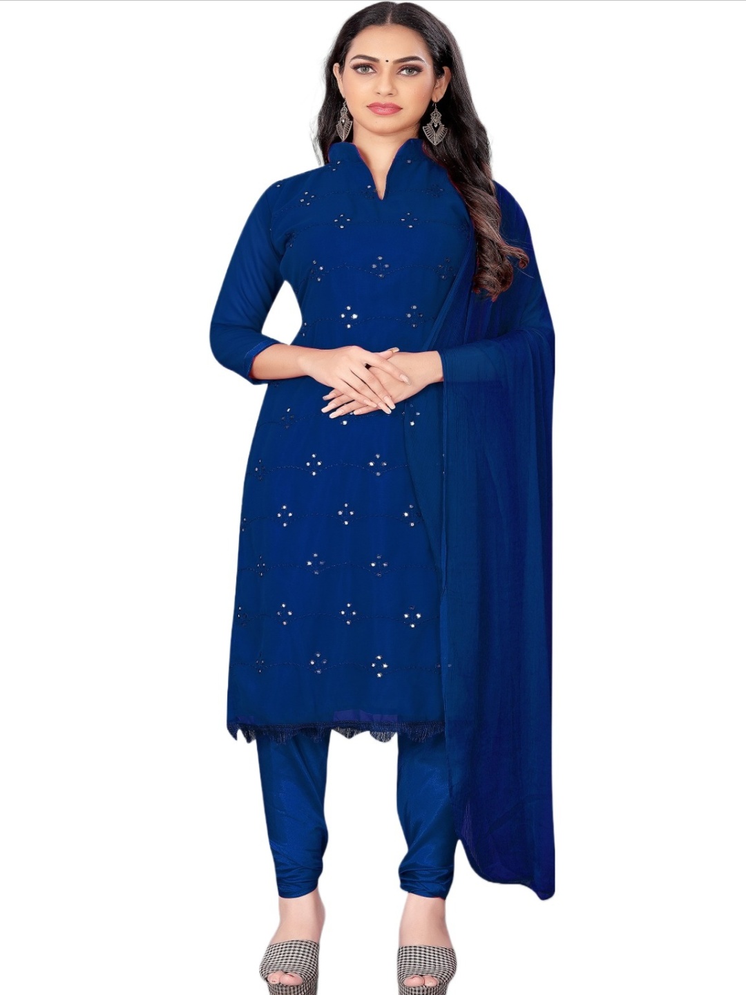 

Aika Floral Embroidered Mirror work Unstitched Dress Material, Blue