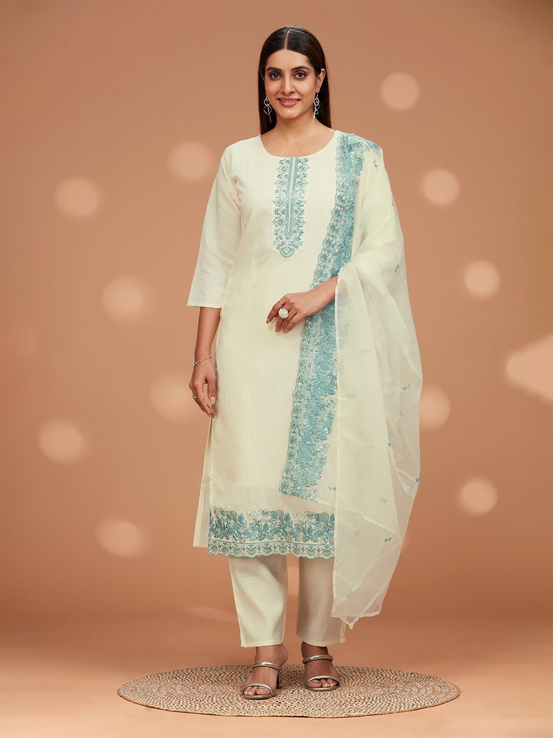 

FREYAA Ethnic Motifs Embroidered Sequinned A-Line Kurta With Trousers & Dupatta, Off white