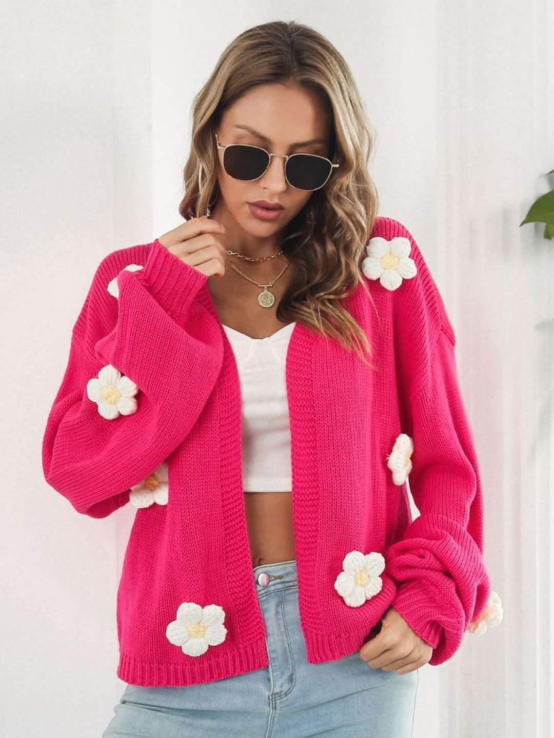 

Oh Rare Women V-Neck Floral Embroidered Cardigan, Pink