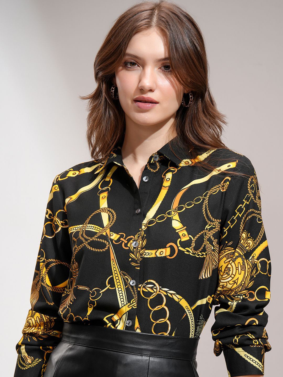 

ESPYR By Tokyo Talkies Women Printed Satin Holiday Shirt, Black