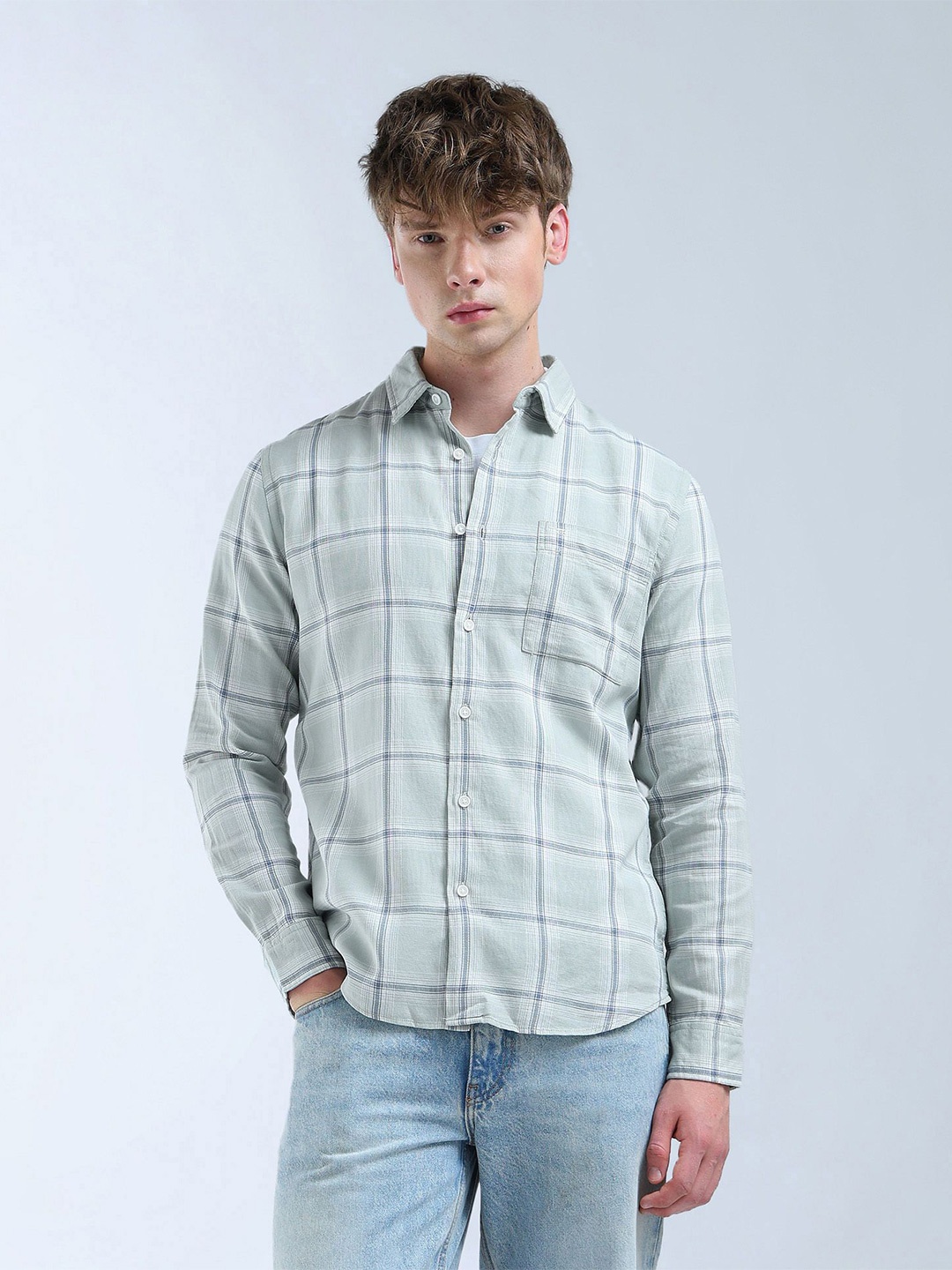 

Flying Machine Classic Tartan Checked Twill Weave Spread Collar Pure Cotton Casual Shirt, Green