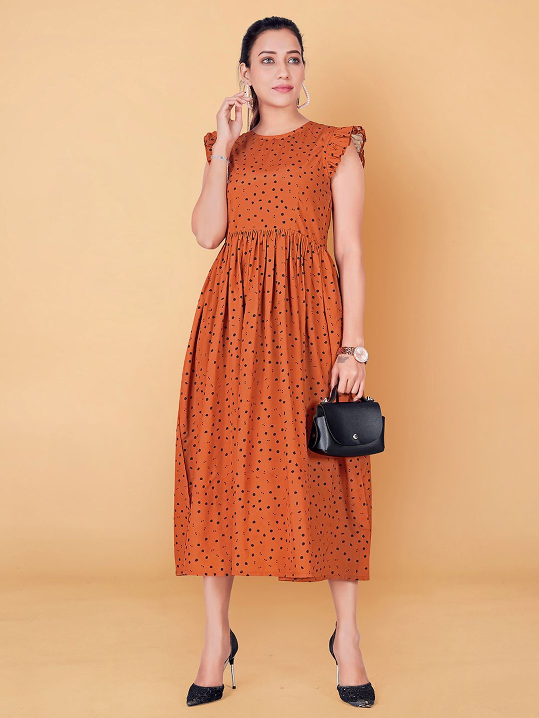 

BAESD Women Polka Dots Printed Flutter Sleeve Fit & Flare Midi Dress, Rust