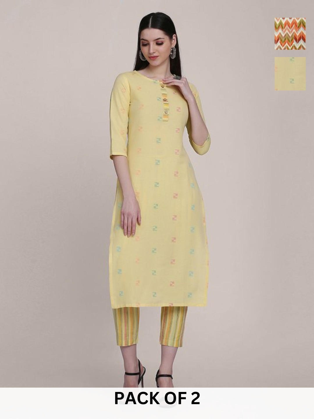 

KALINI Selection Of 2 Geometric Printed Round Neck Straight Kurtas With Trousers, Yellow