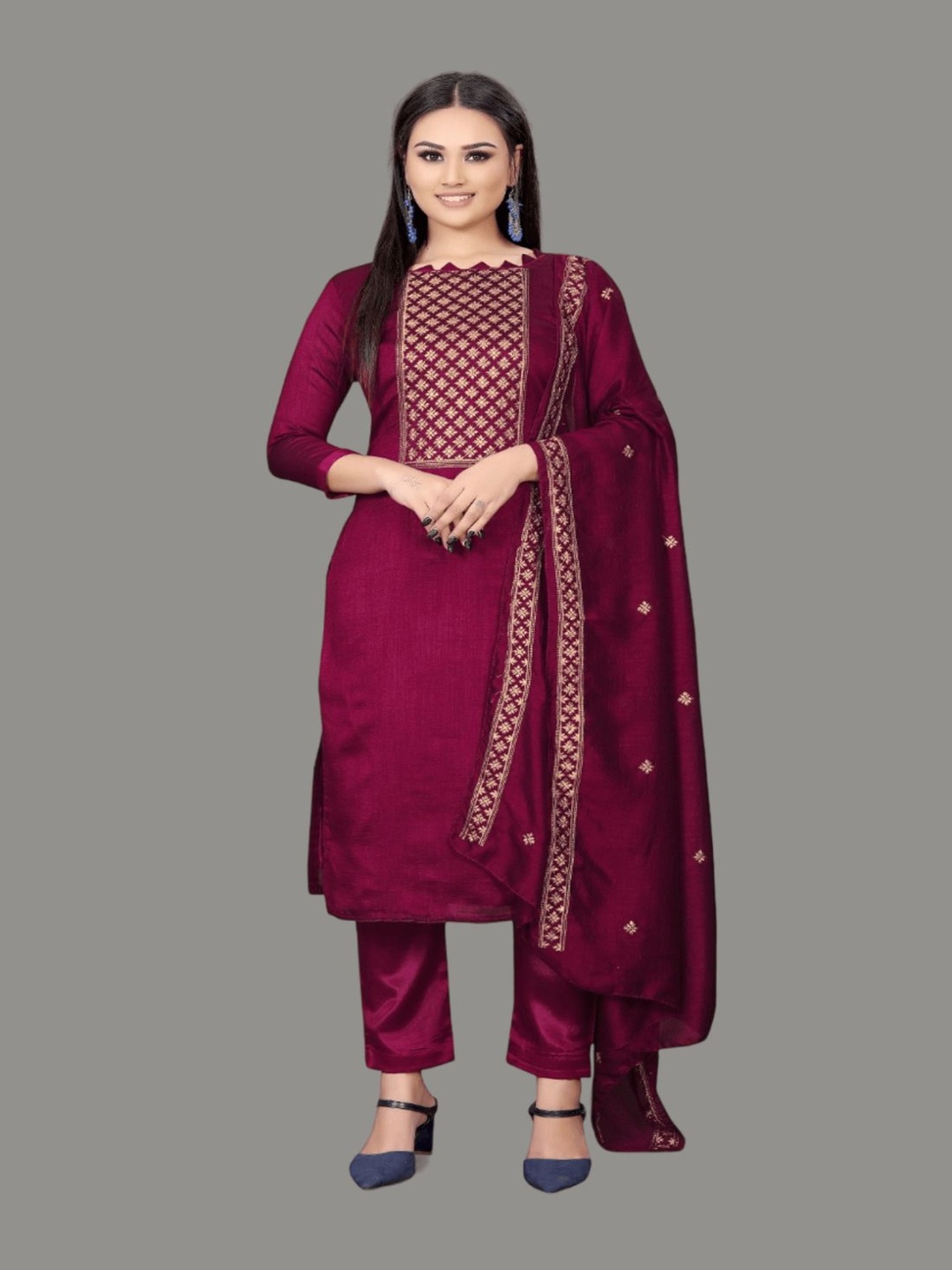 

Aika Geometric Embroidered Pure Silk Unstitched Dress Material, Purple