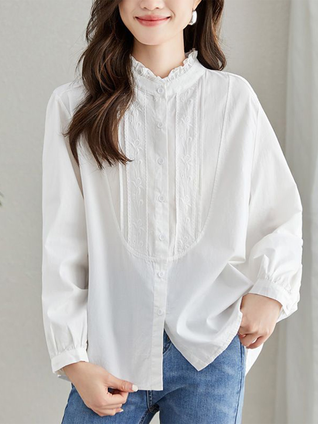 

StyleCast Women Self Design Floral Embroidered Cotton Oversized Shirt, White