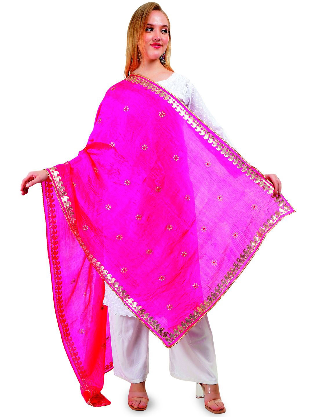 

Way2Like Floral Embroidered Gotta Patti Silk Wrap Shawl Scarf Hijab Dupatta, Pink