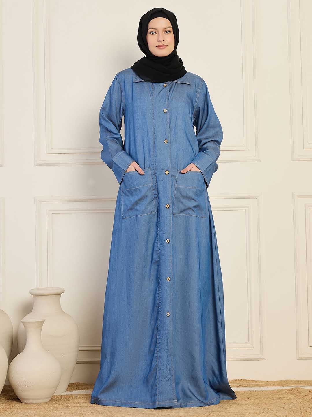 

NABIA Women Solid Front Open Denim Abaya Burqa, Blue