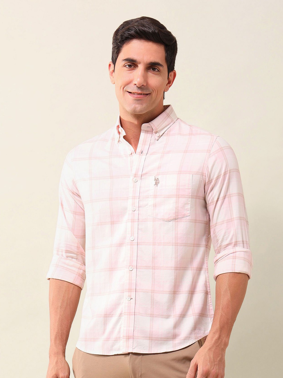 

U.S. Polo Assn. Men Button-Down Collar Tartan Checked Cotton Casual Shirt, Pink