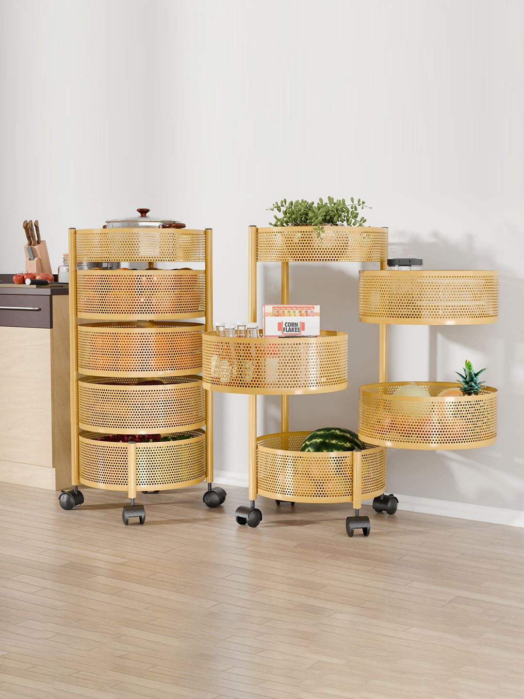 

Kuber Industries Pack of 2 Kitchen 4+1 Layer Metal Storage Kitchen Trolley Unisex Gold