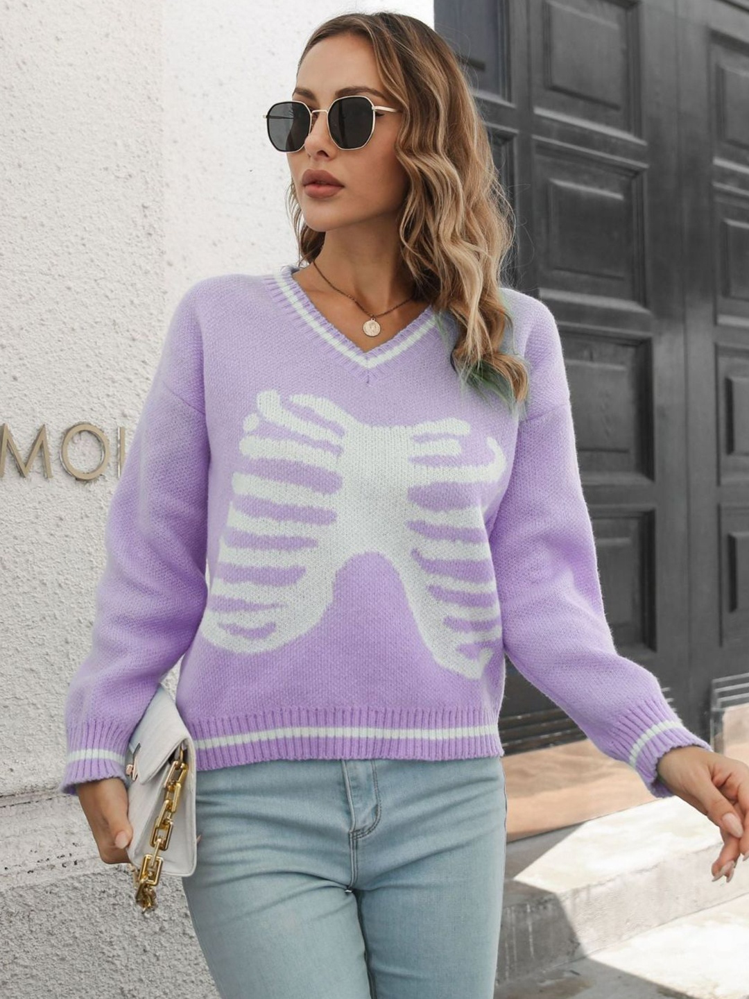 

Oh Rare Women Printed Pullover Sweaters, Purple