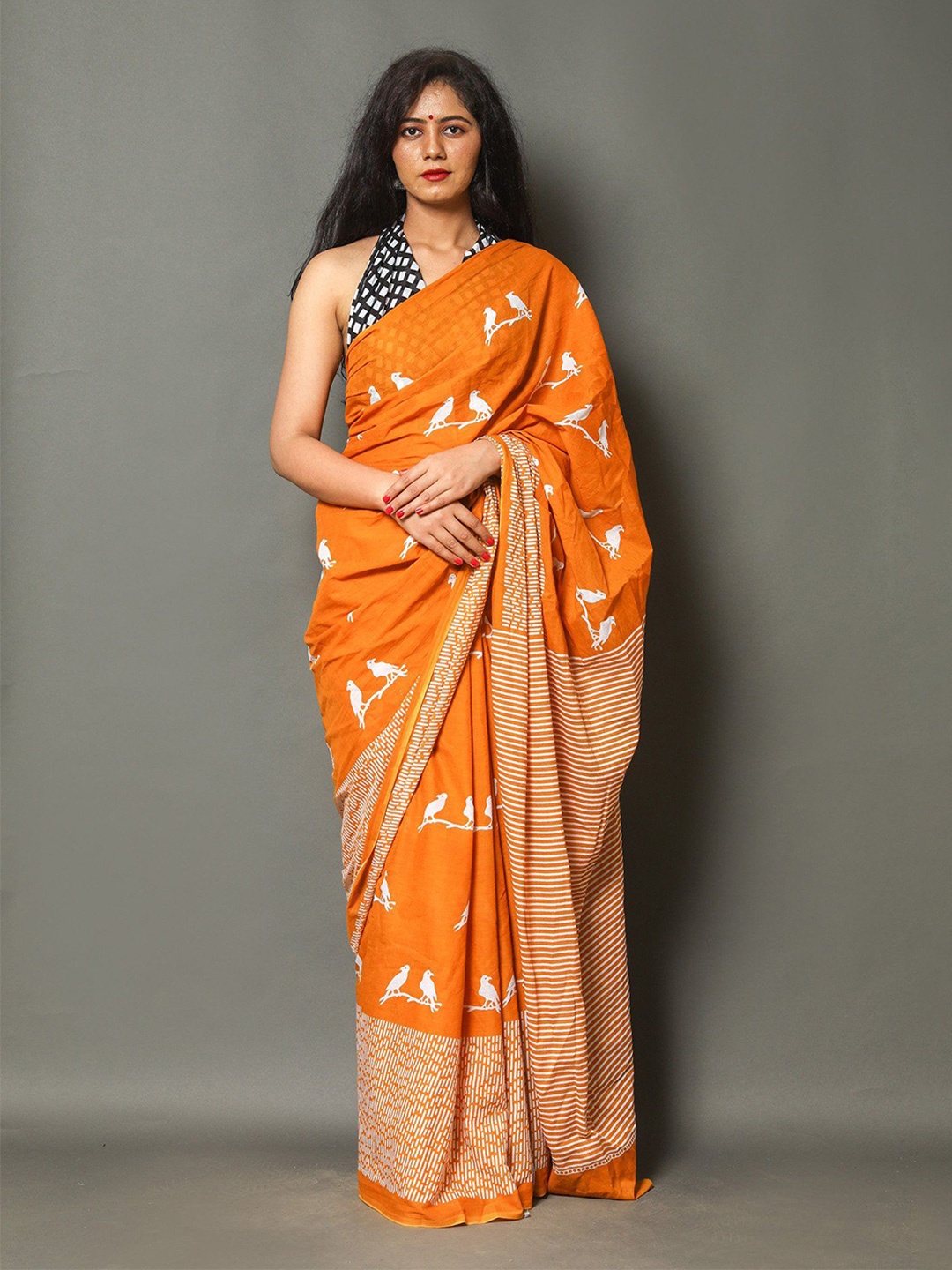 

Craft Musium Pure Cotton Bagru Saree, Orange