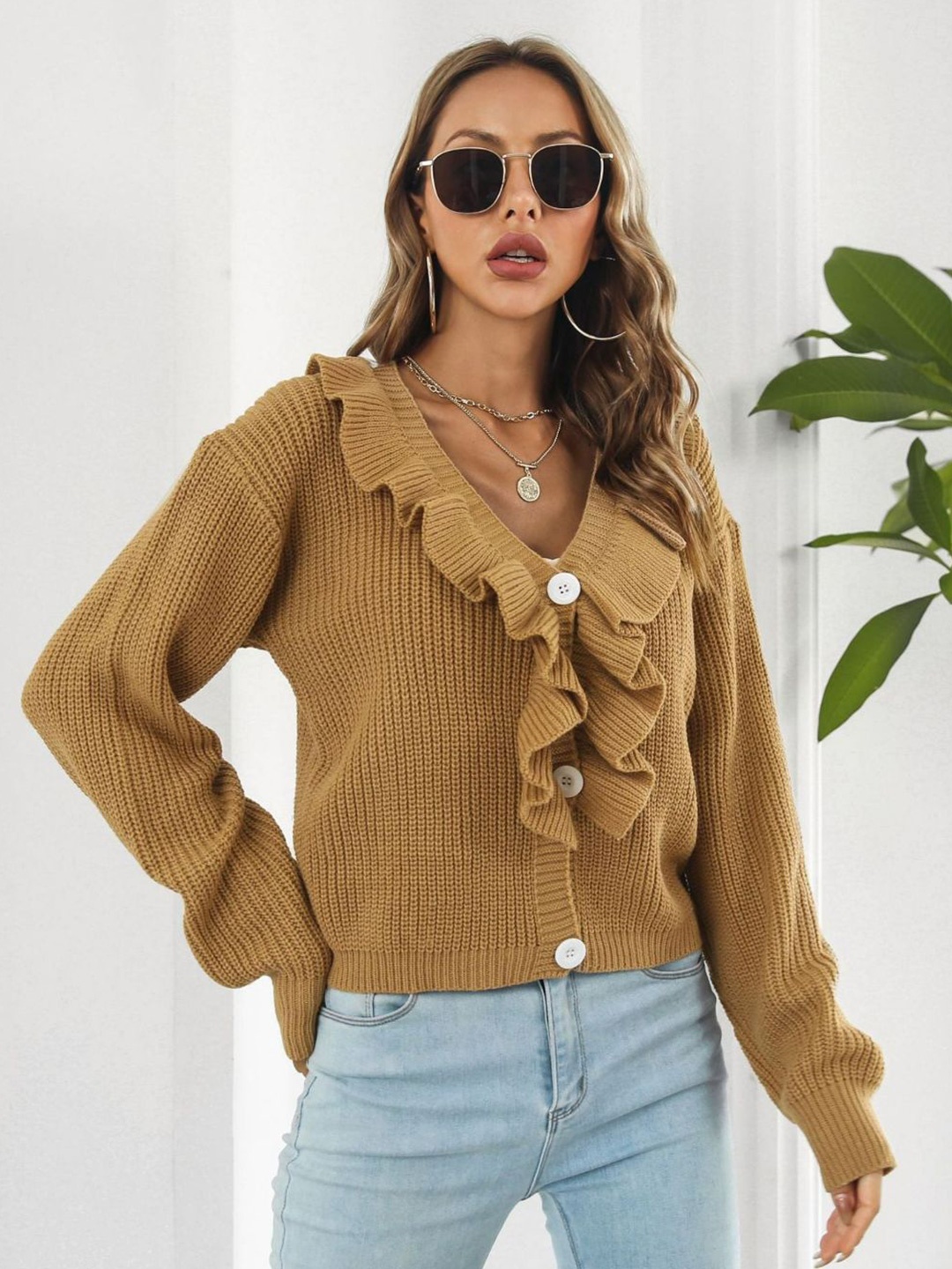 

Oh Rare Women Ribbed Cardigan, Brown