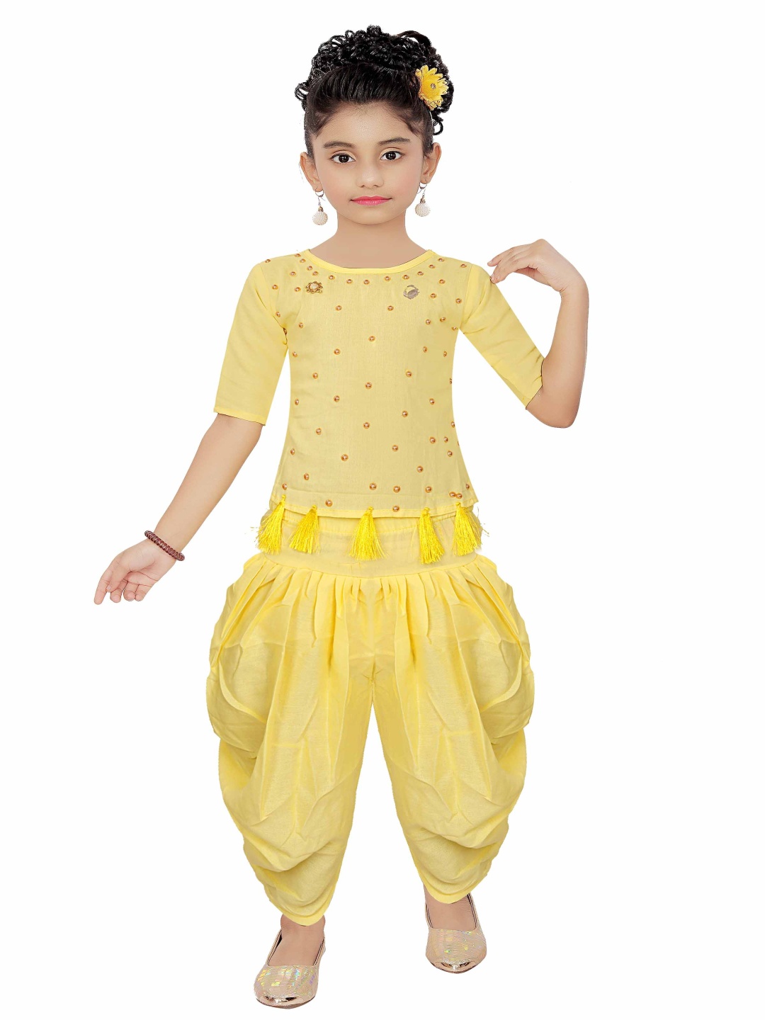 

Epochlite Girls Embellished Round Neck Top With Dhoti Pants, Yellow