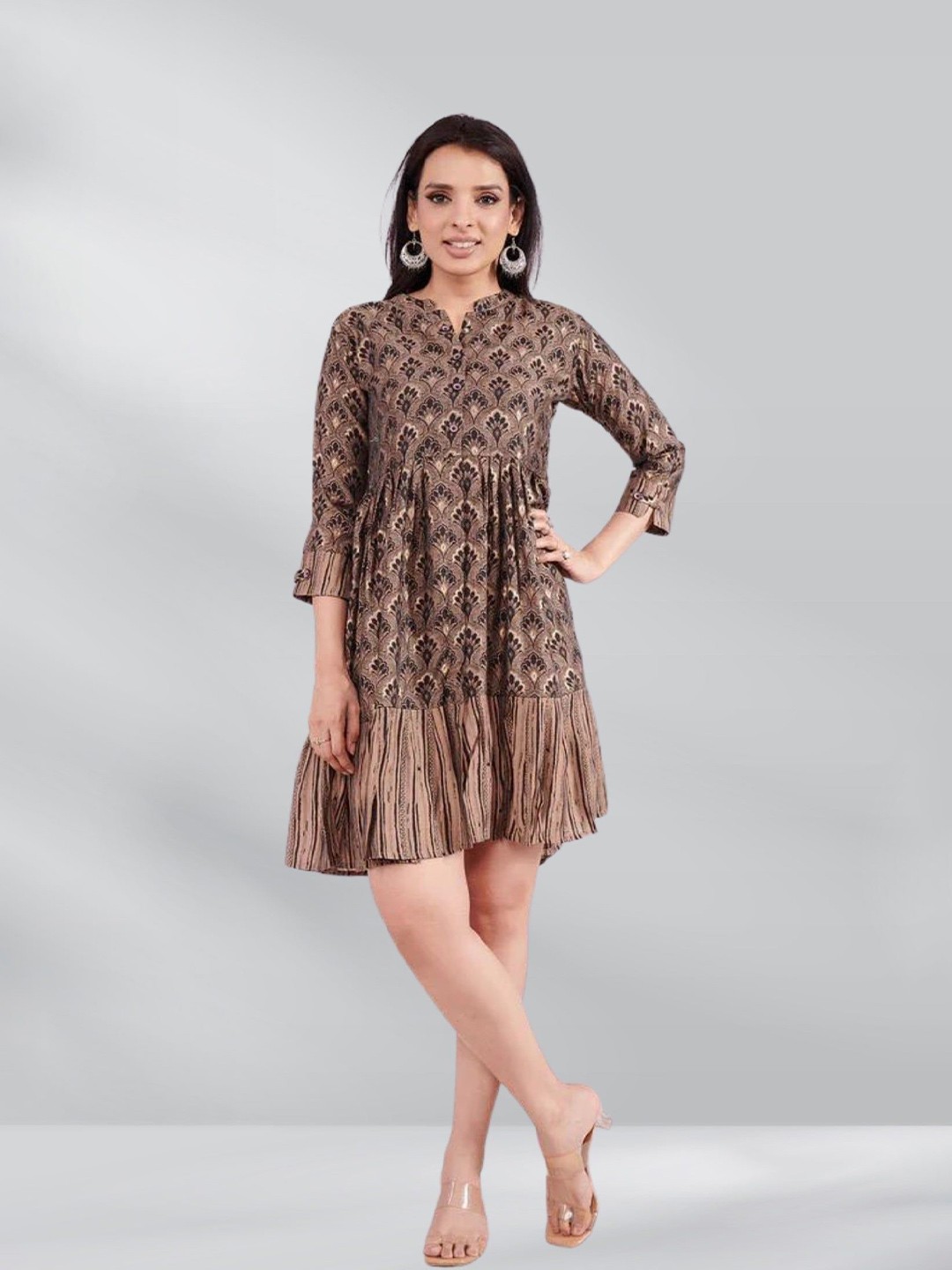 

FREYAA Floral Print Cotton A-Line Dress, Brown
