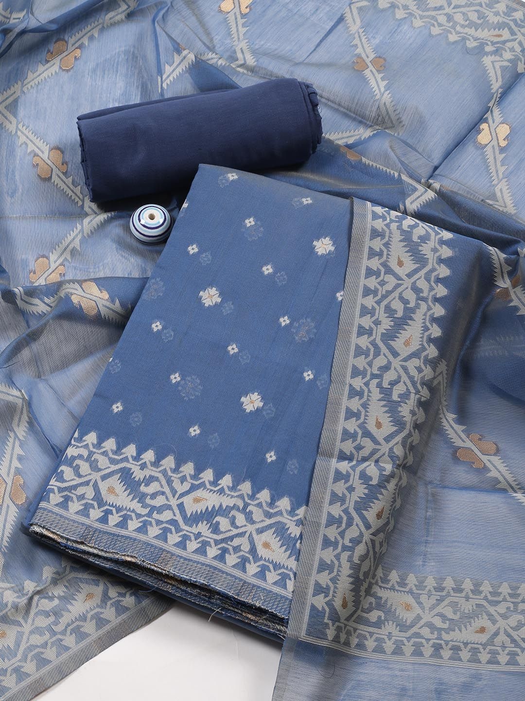 

Meena Bazaar Geometric Woven Design Art Silk Unstitched Dress Material, Blue
