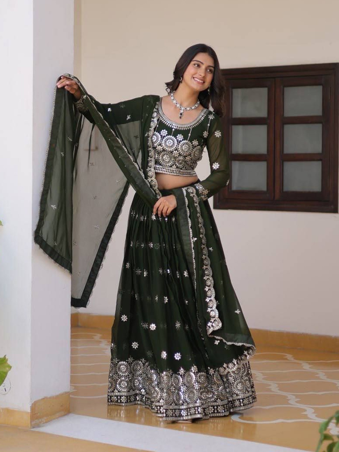 

KALINI Floral Embroidered Ready to Wear Lehenga & Blouse With Dupatta, Green