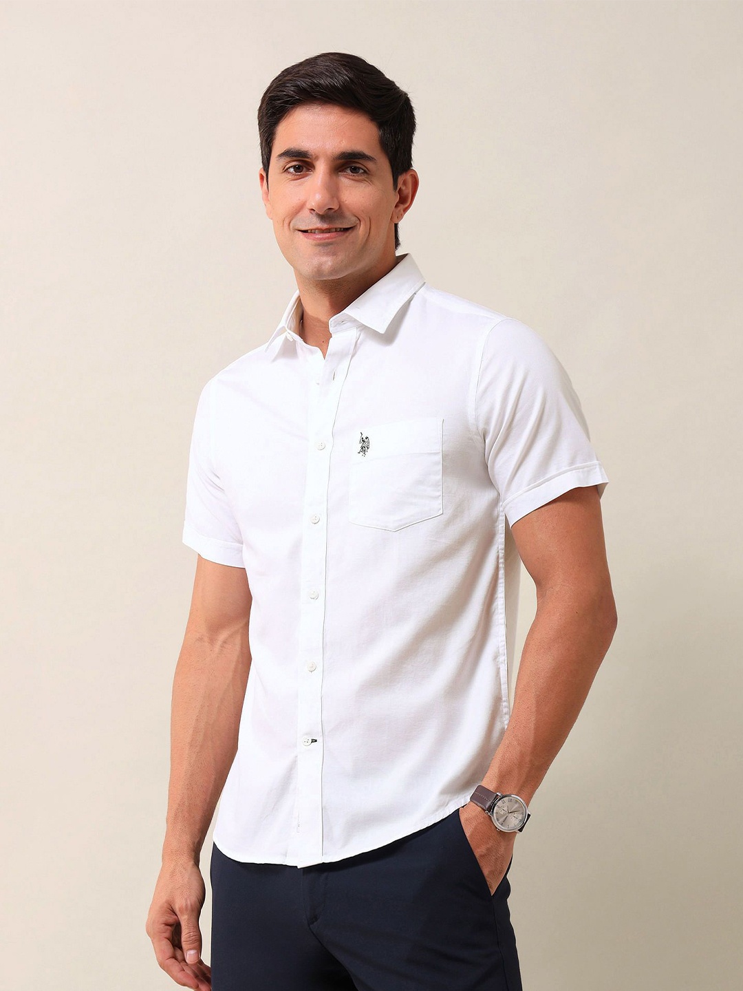 

U.S. Polo Assn. Men Spread Collar Solid Cotton Casual Shirt, White