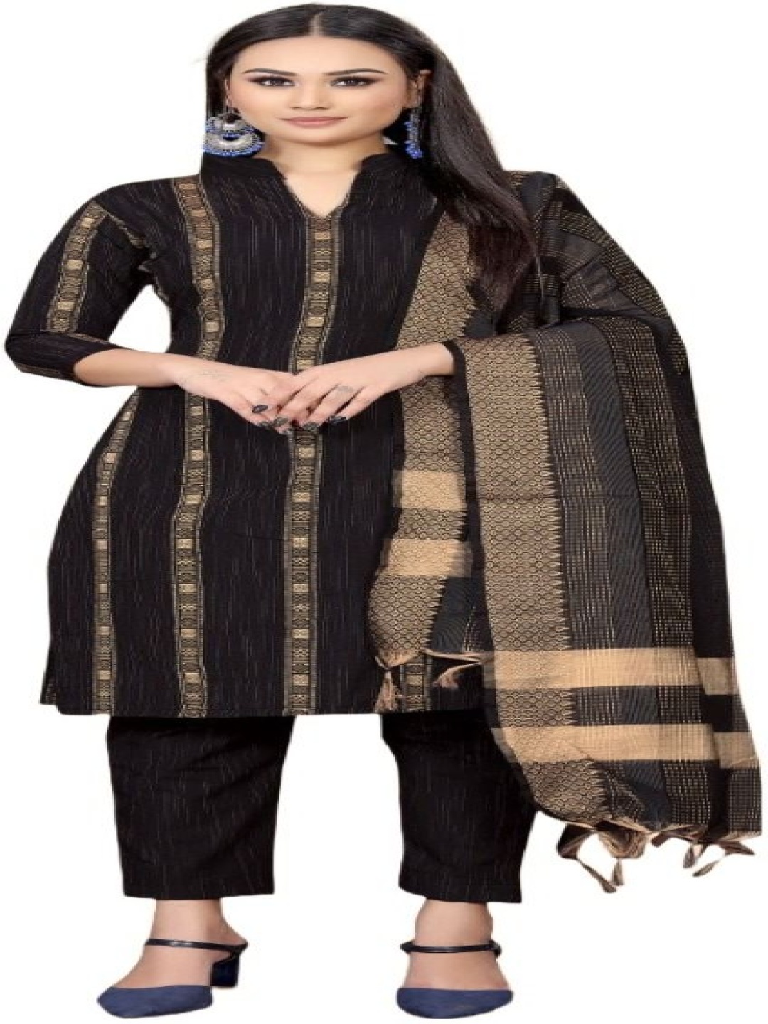 

Aika Striped Pure Cotton Unstitched Dress Material, Black