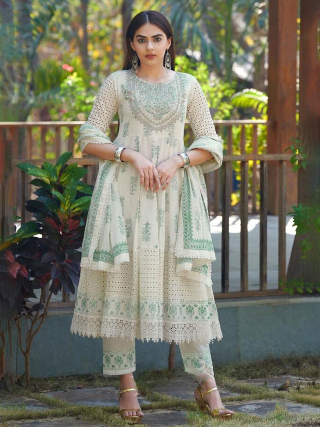 

FREYAA Floral Printed A - Line Kurta Set with Dupatta, Beige