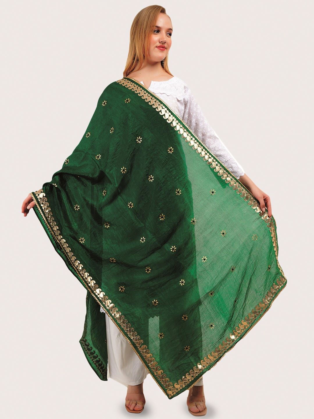 

Way2Like Floral Embroidered Gotta Patti Silk Wrap Shawl Scarf Hijab Dupatta, Green