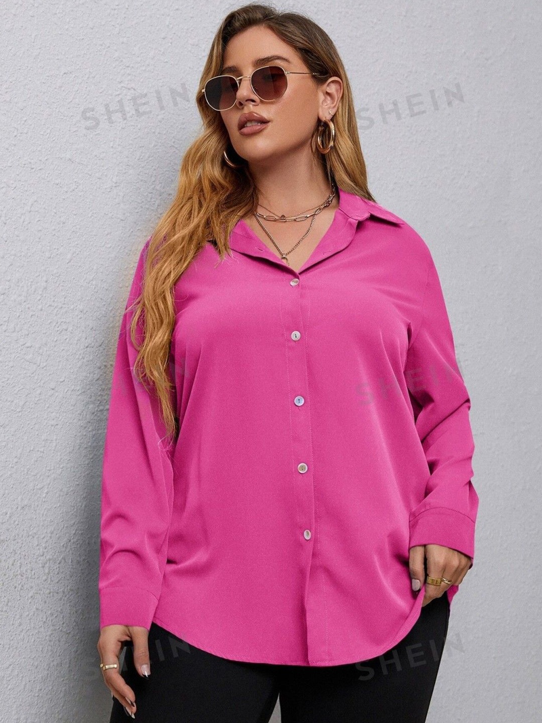 

WHY SO FAB Women Comfort Fit Spread Collar Solid Cotton Oversized Casual Shirt, Pink