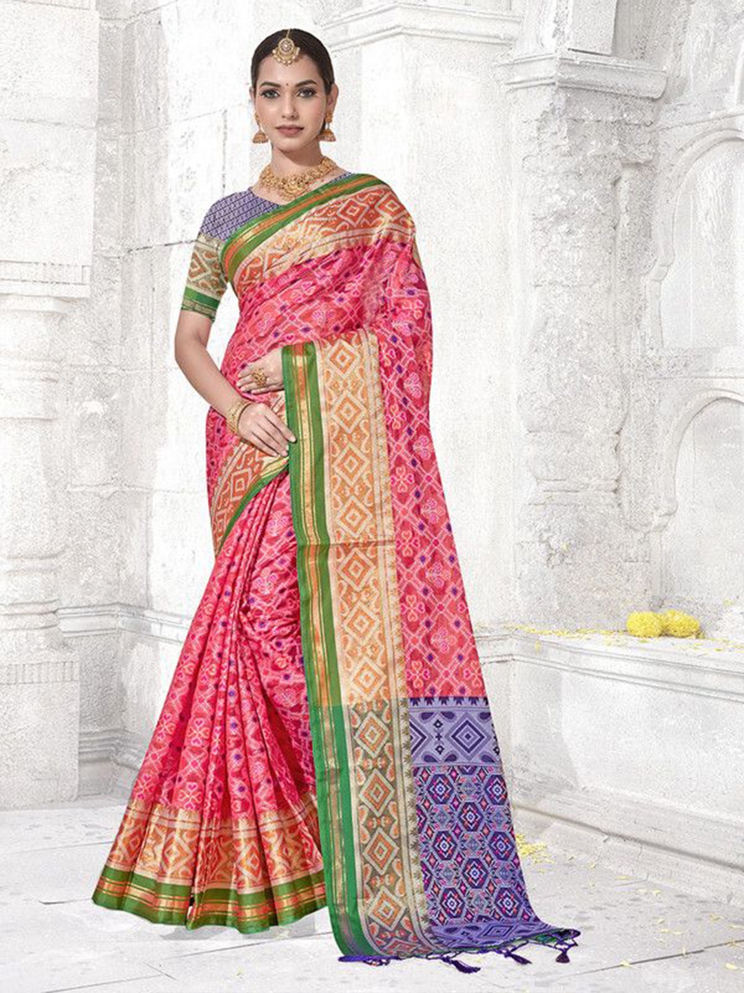 

sagarika Zari Tissue Jamdani Saree, Pink