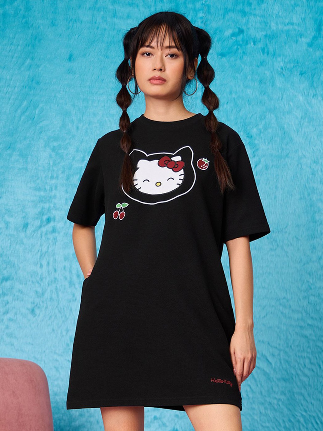 

The Souled Store Hello Kitty: Meow Printed Pure Cotton T-shirt Dress, Black