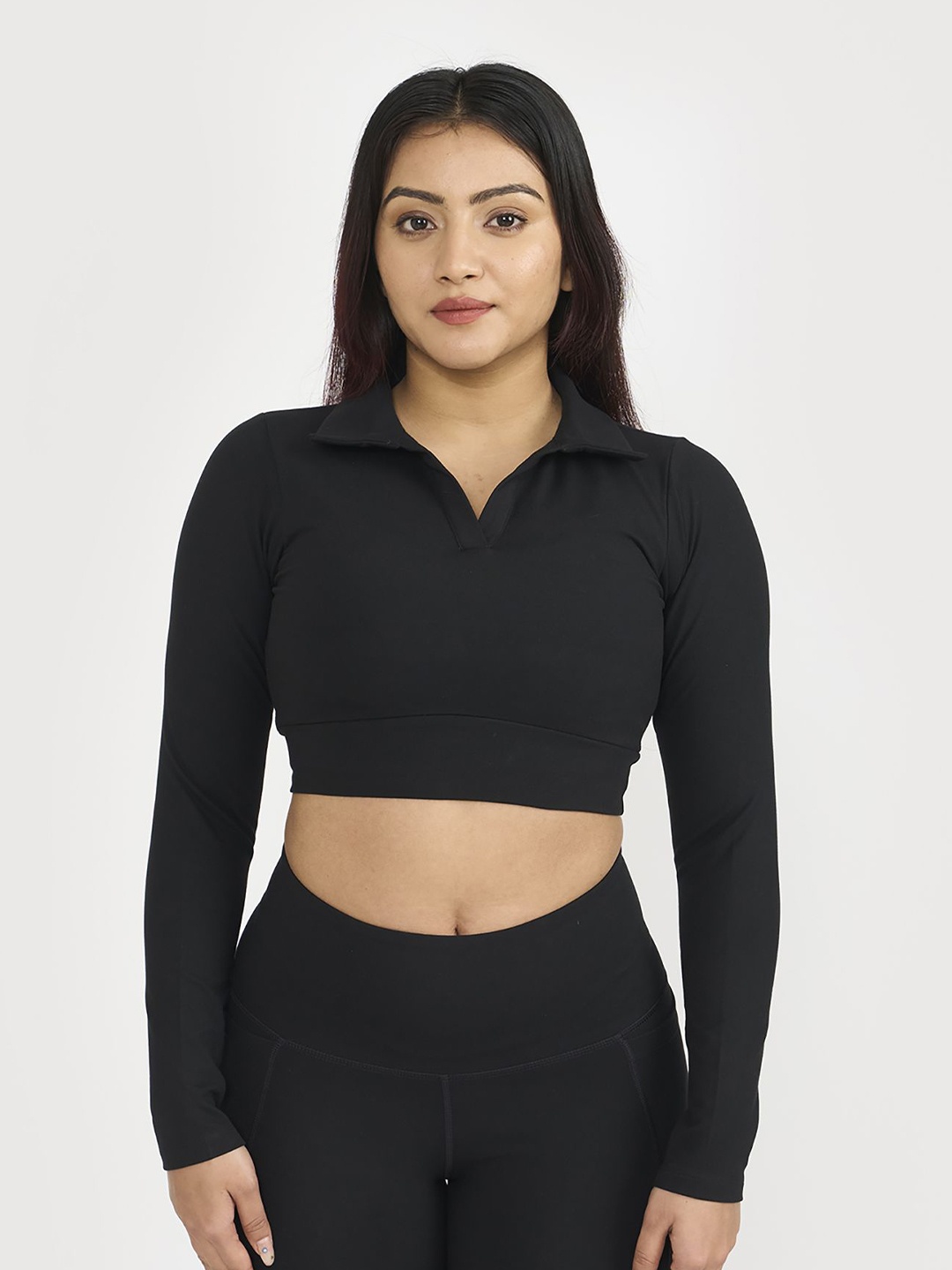 

Hunnit Zen Polo Neck Long Sleeve Active Wear Crop Top, Black
