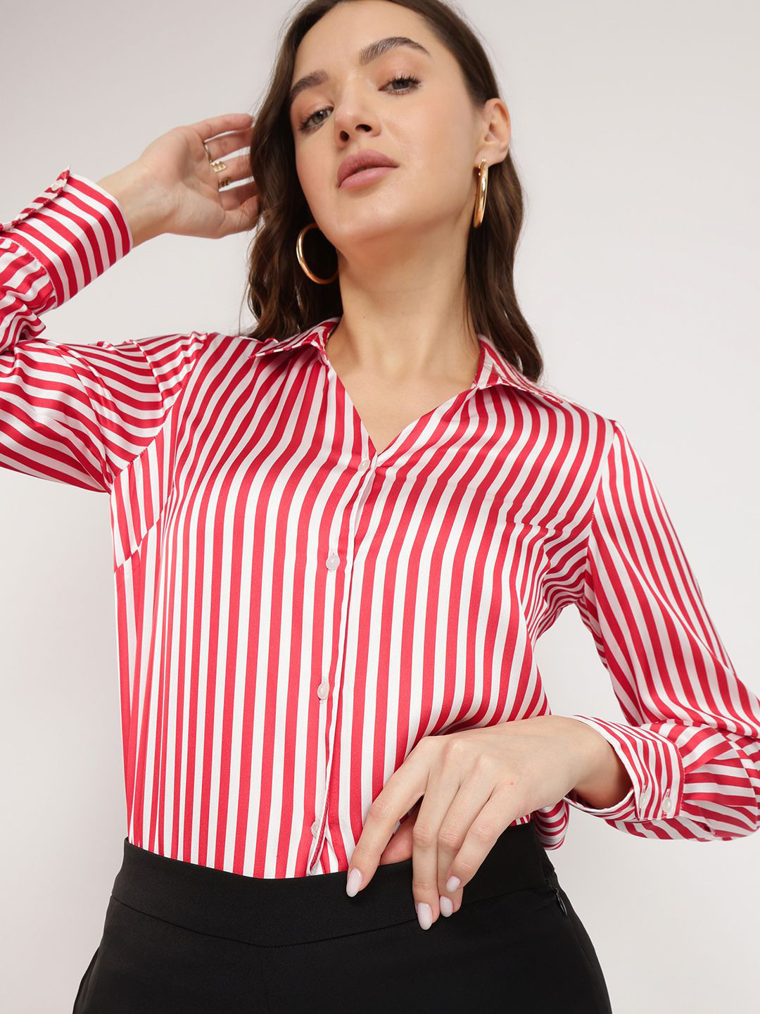 

FableStreet Women Comfort Fit Spread Collar Vertical Striped Satin Casual Shirt, Red