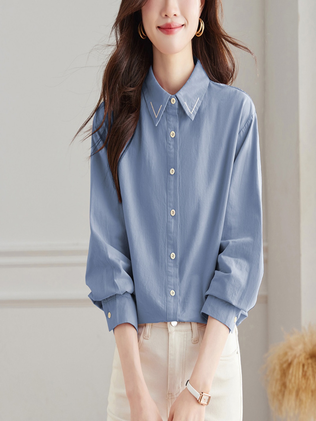 

StyleCast Women Spread Collar Solid Cotton Casual Shirt, Blue