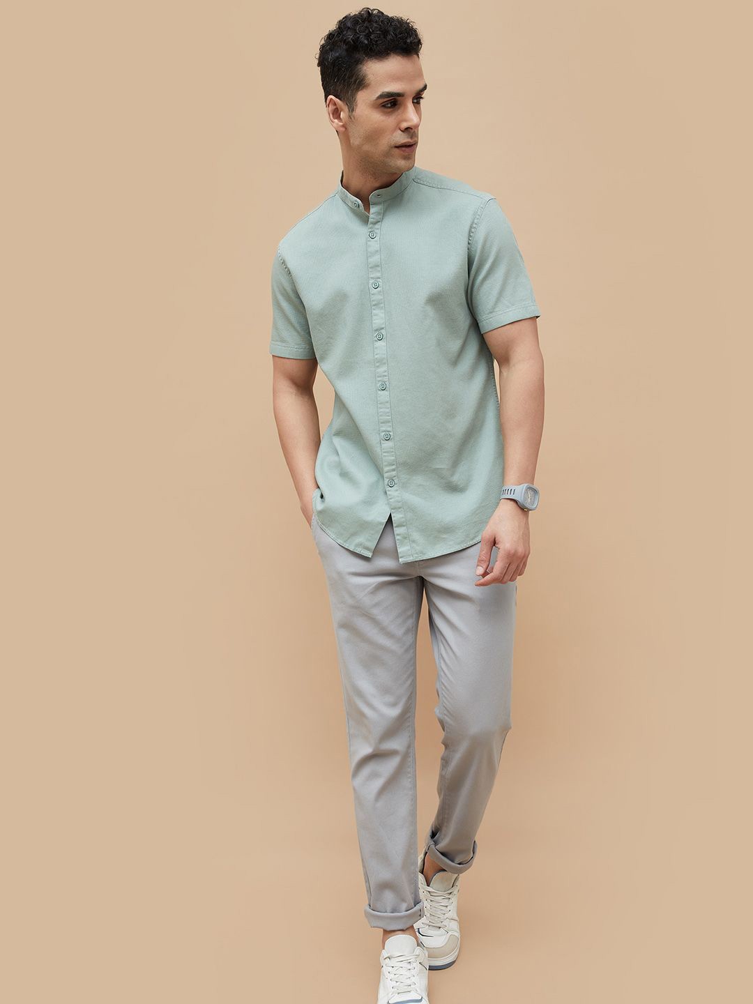 

CODE by Lifestyle Men Band Collar Solid Cotton Casual Shirt, Sea green