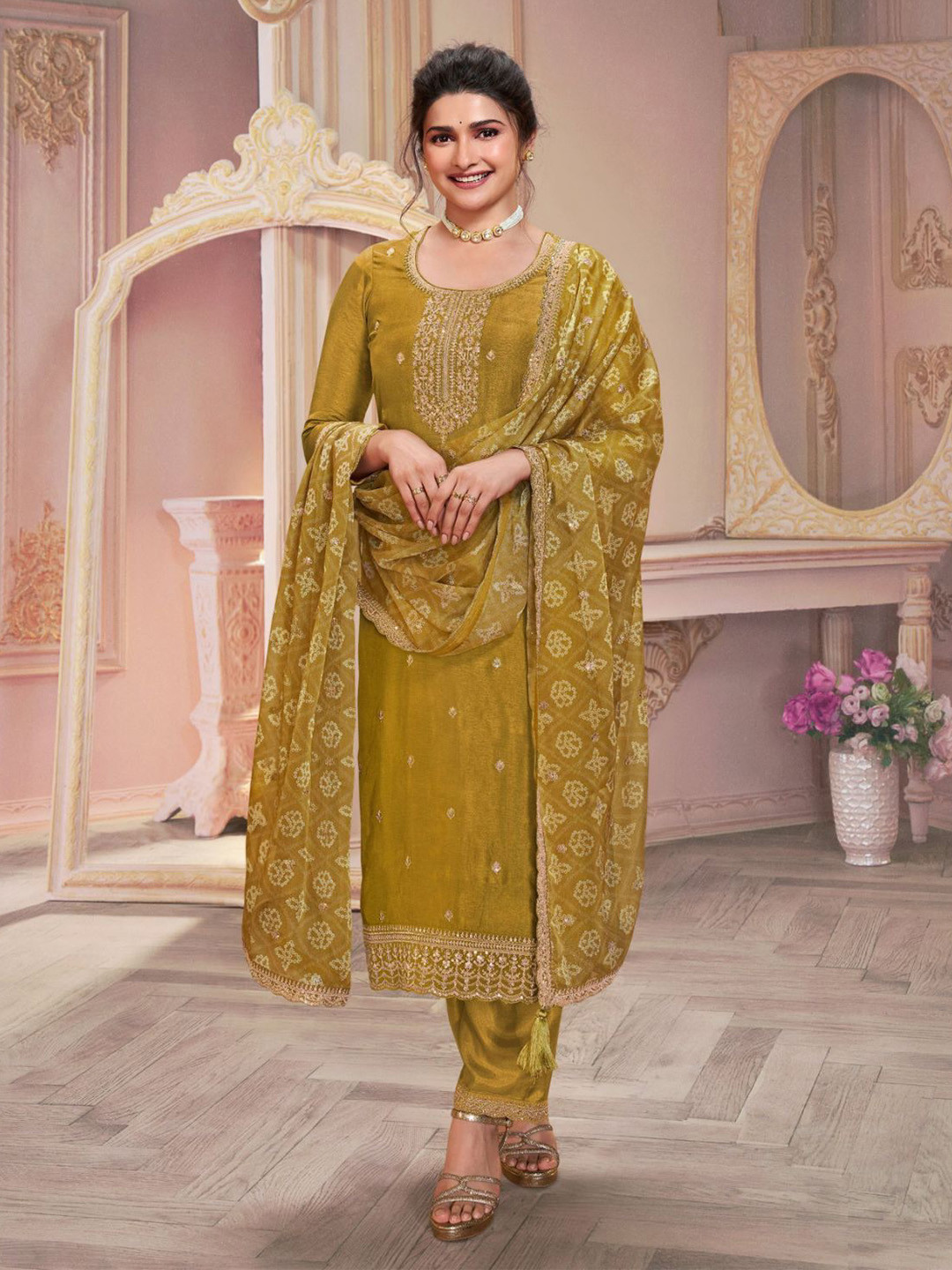 

ODETTE Ethnic Motifs Embroidered Georgette Straight Kurta with Trousers & Dupatta, Mustard