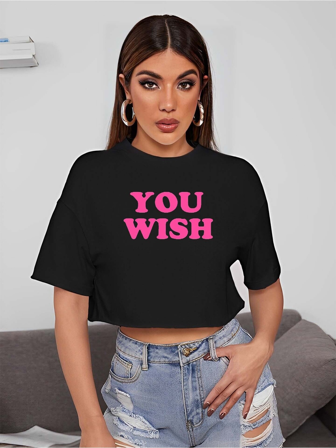 

sollobell Slit Sleeve Cotton Crop Top, Black