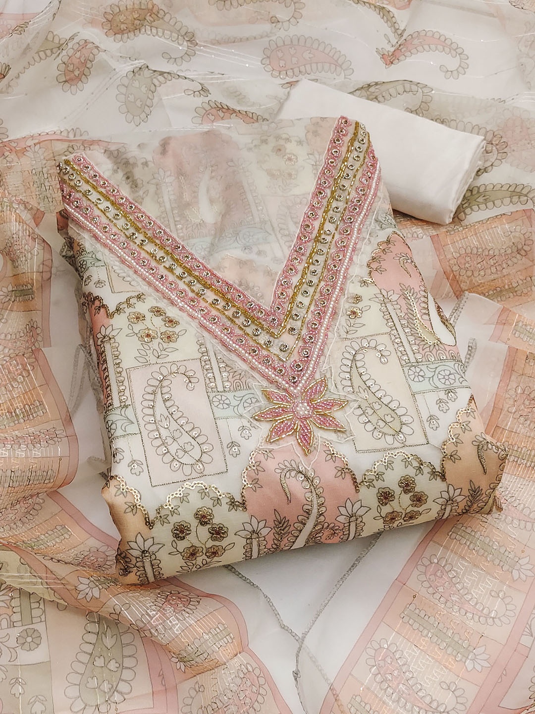 

HERE&NOW Ethnic Motifs Embroidered Sequinned Organza Unstitched Dress Material, White