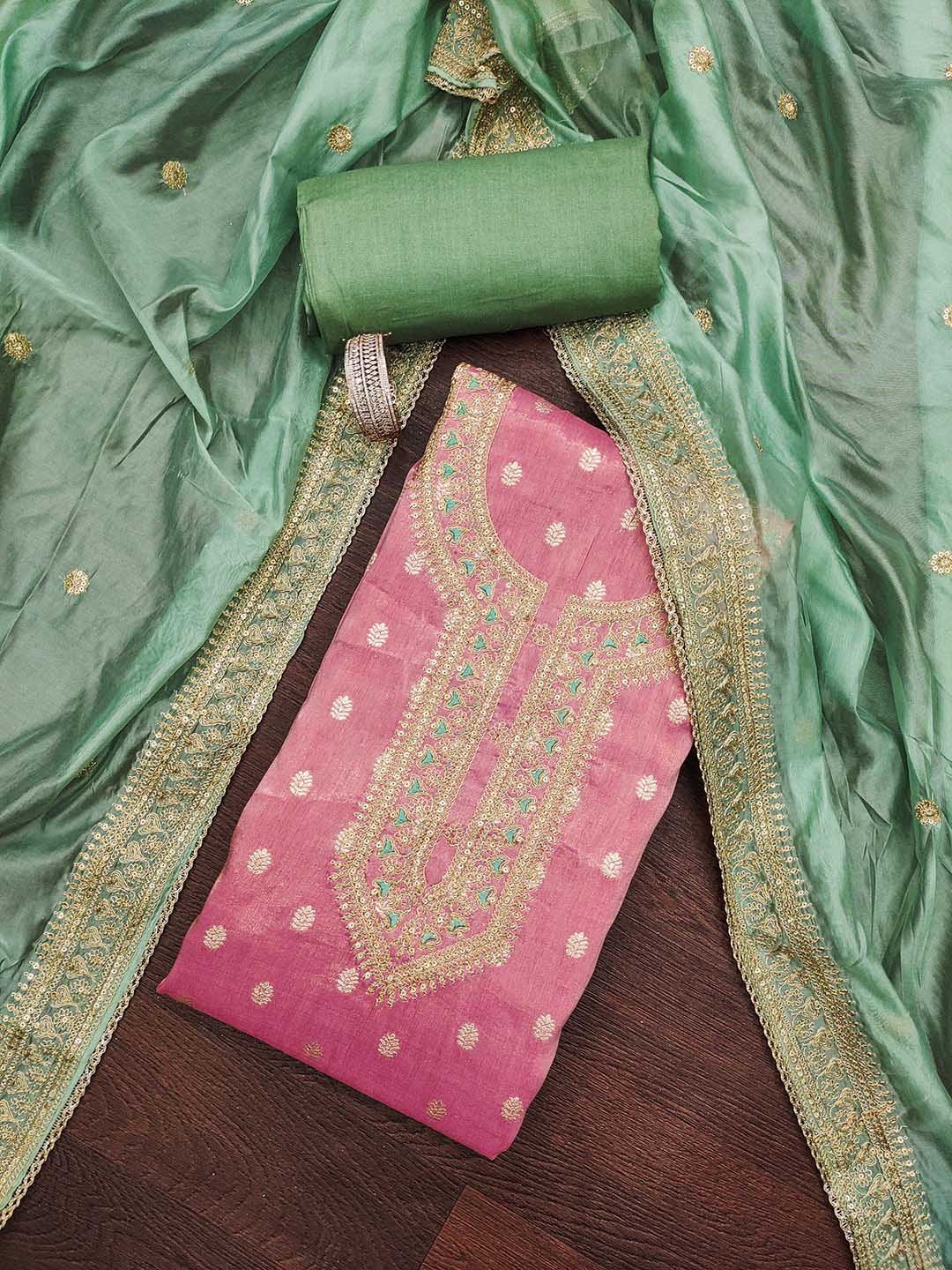 

HERE&NOW Ethnic Motifs Woven Design Organza Unstitched Dress Material, Pink