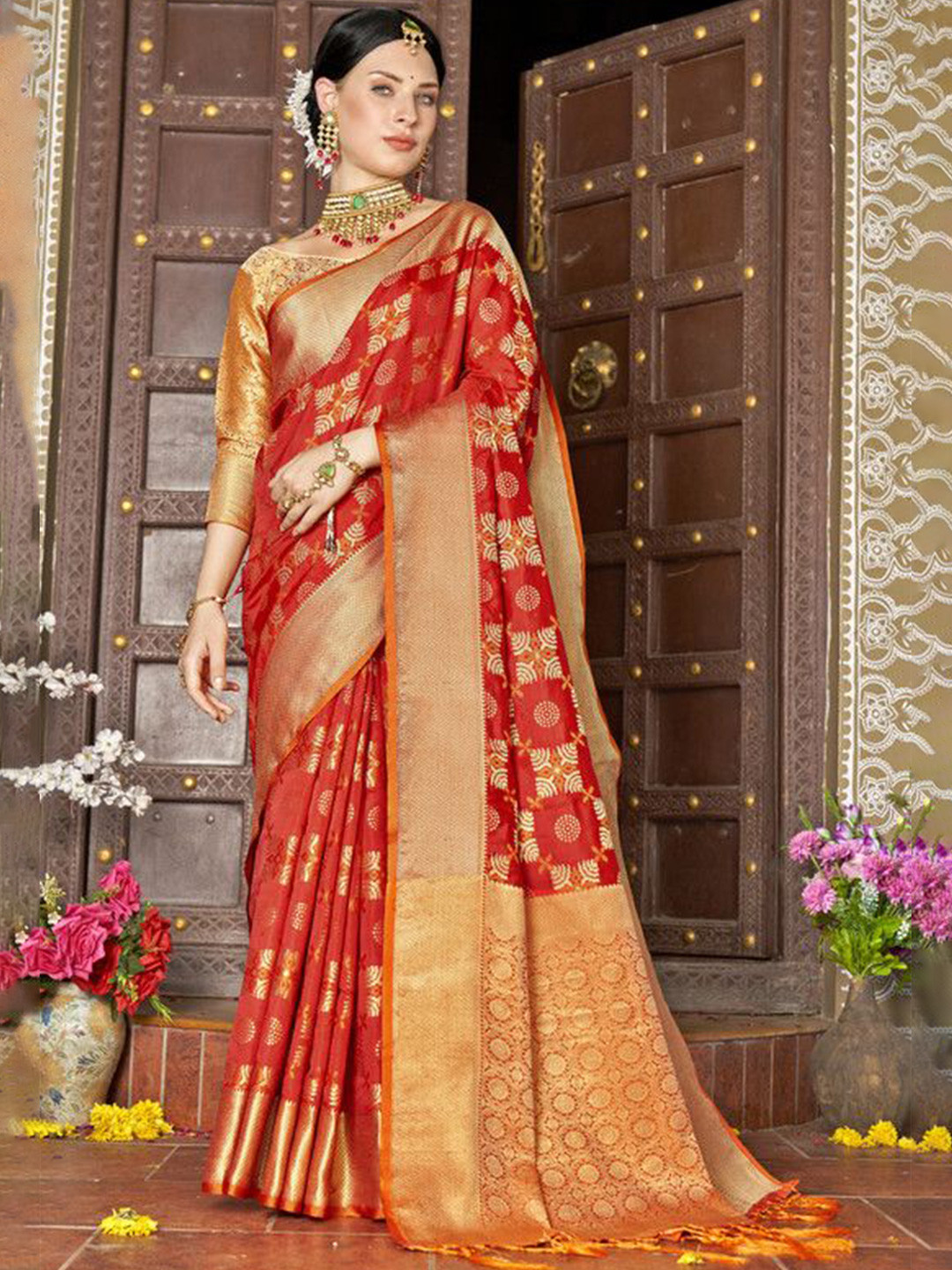 

Sagarika Ethnic Motifs Zari Organza Banarasi Saree, Red