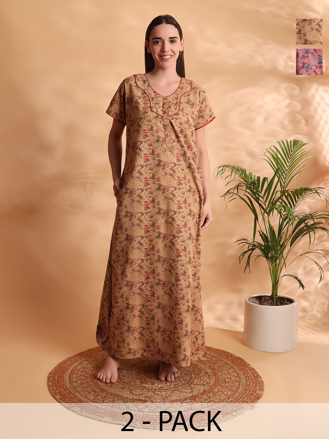 

G4Girl Women Pack of 2 Printed Maxi Nightdress, Pink