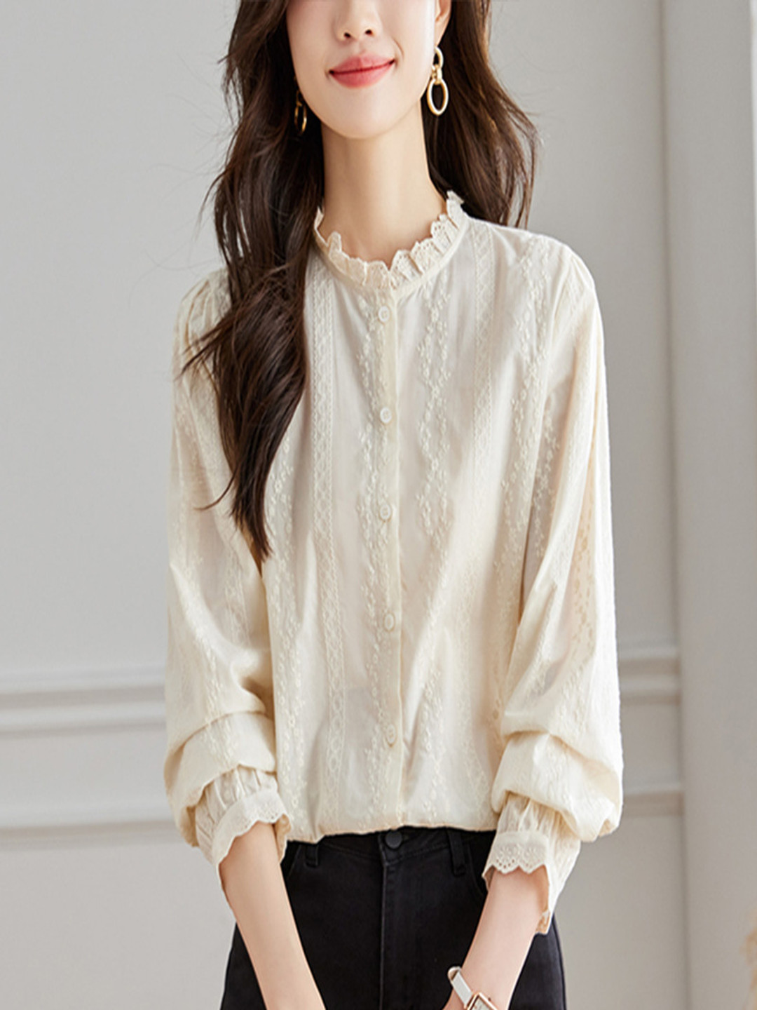 

StyleCast Women Mandarin Collar Self Design Cotton Casual Shirt, Off white