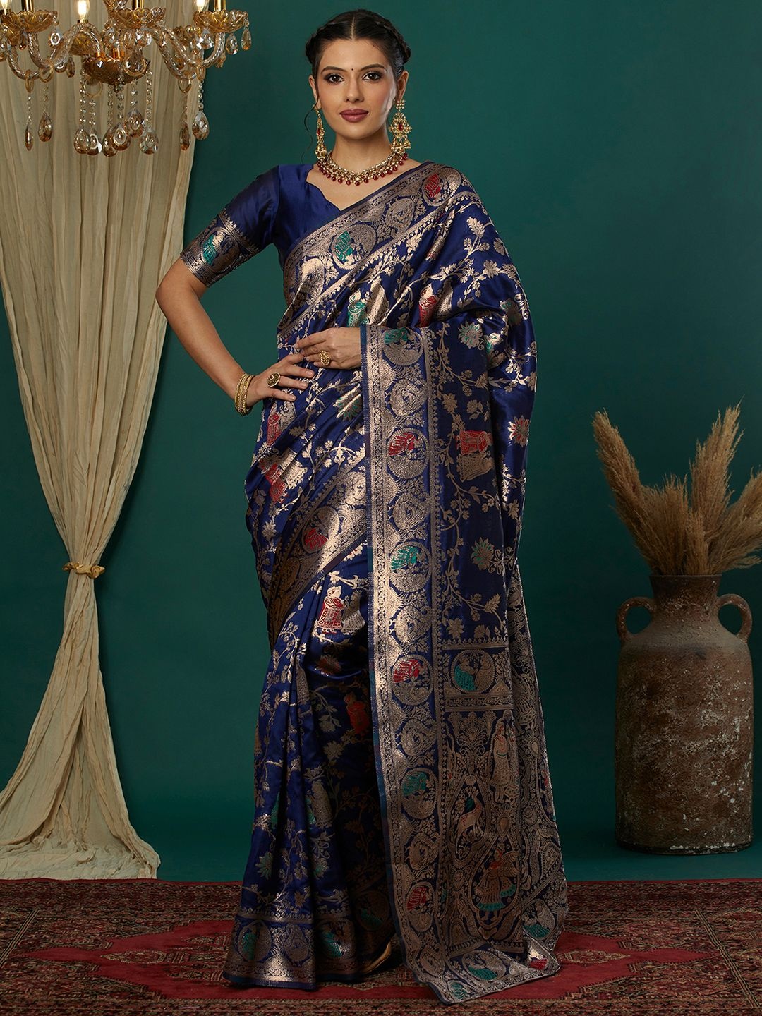 

Satrani Woven Design Banarasi Saree, Navy blue