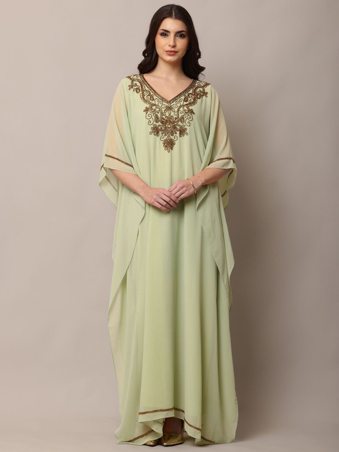 

DEBONATELLA Embellished Kimono Sleeves Kaftan Maxi Dress, Green