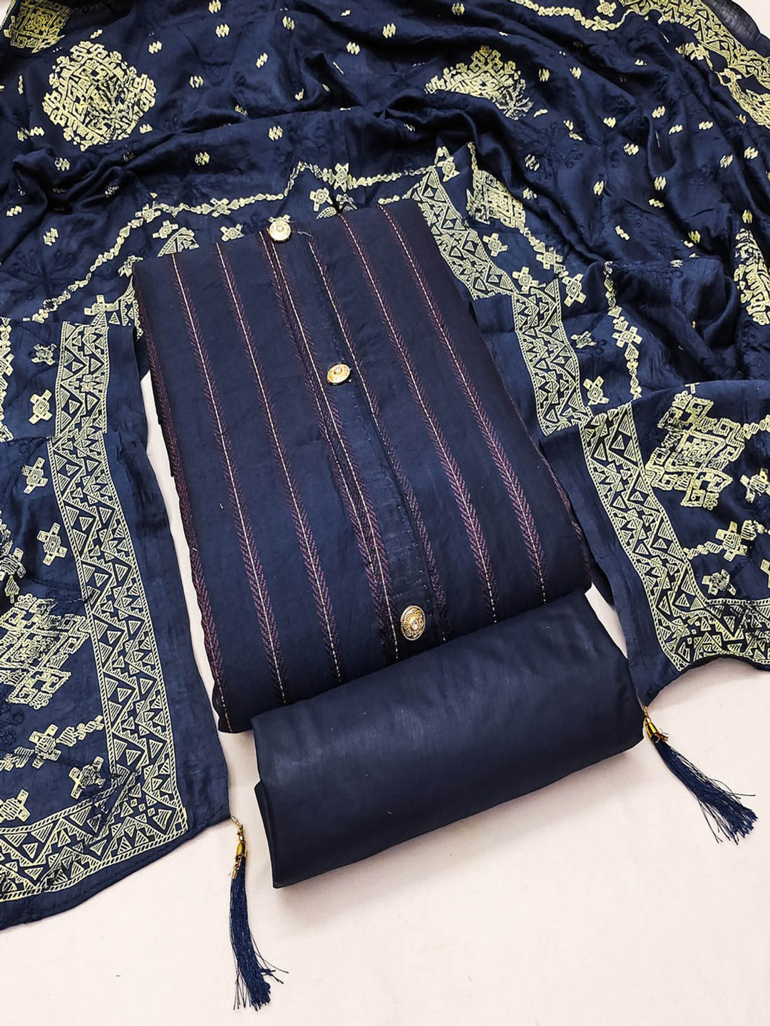 

Aika Geometric Woven Design Unstitched Dress Material, Navy blue