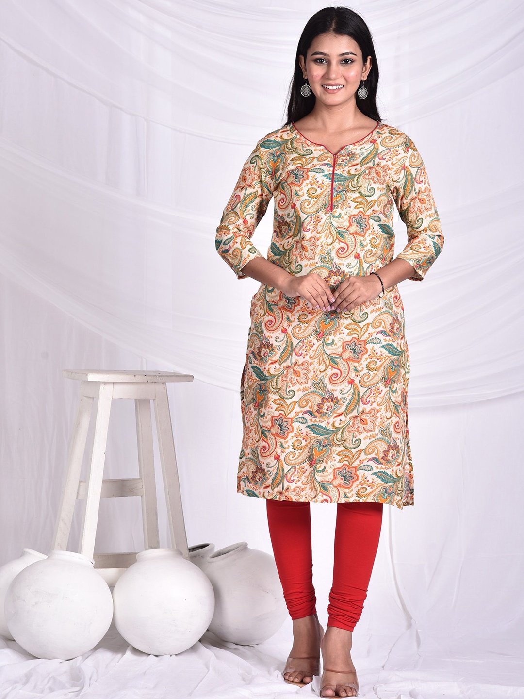 

Rashmi Shree Creation Paisley Printed Straight Kurta, Cream