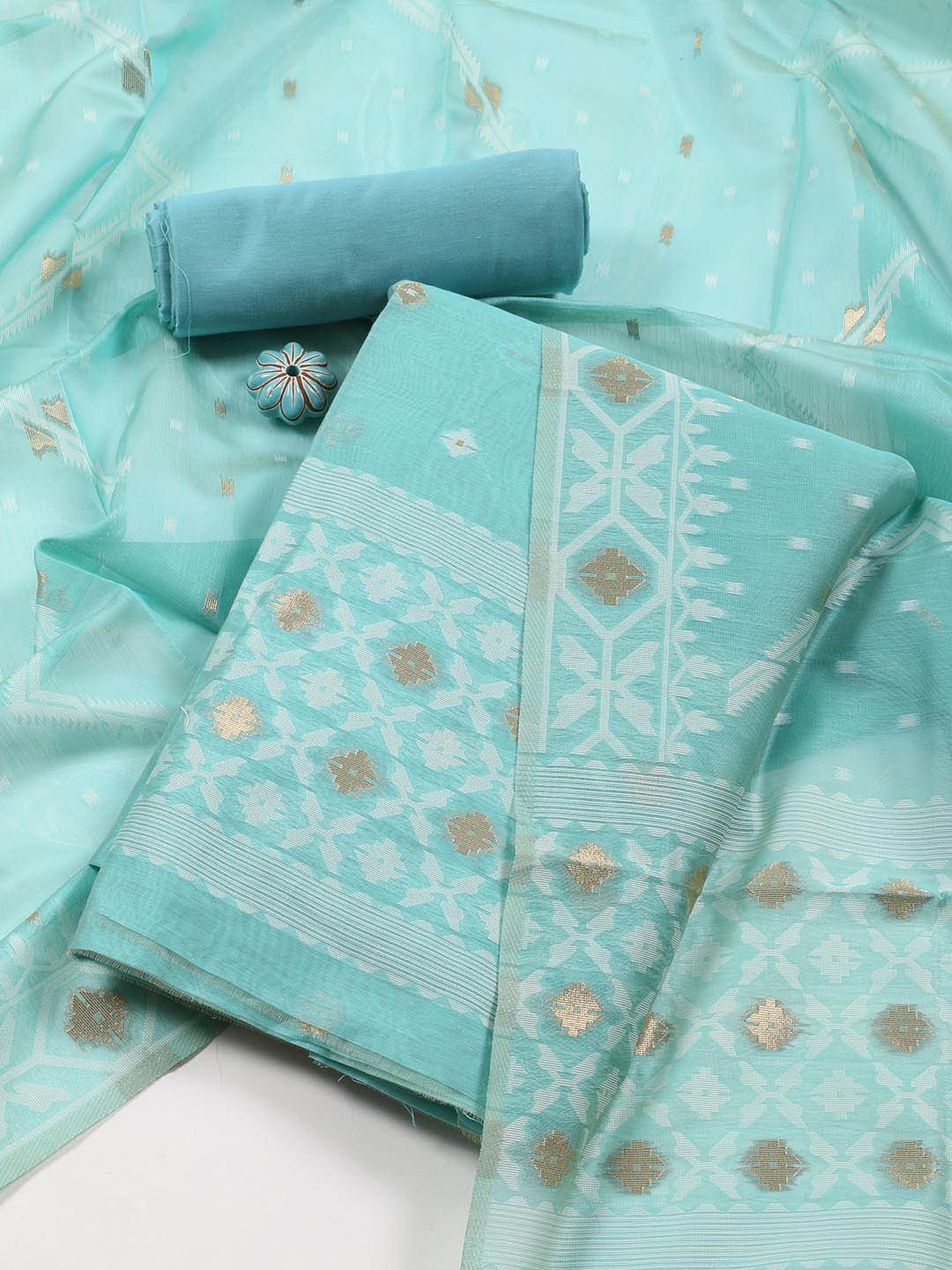 

Meena Bazaar Geometric Woven Design Chanderi Unstitched Dress Material, Sea green