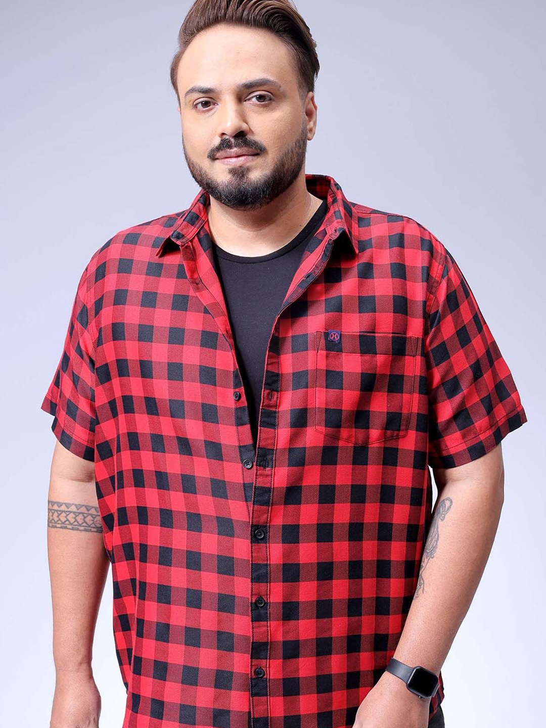 

HARDSODA Men Plus Size Spread Collar Buffalo Checked Cotton Casual Shirt, Red