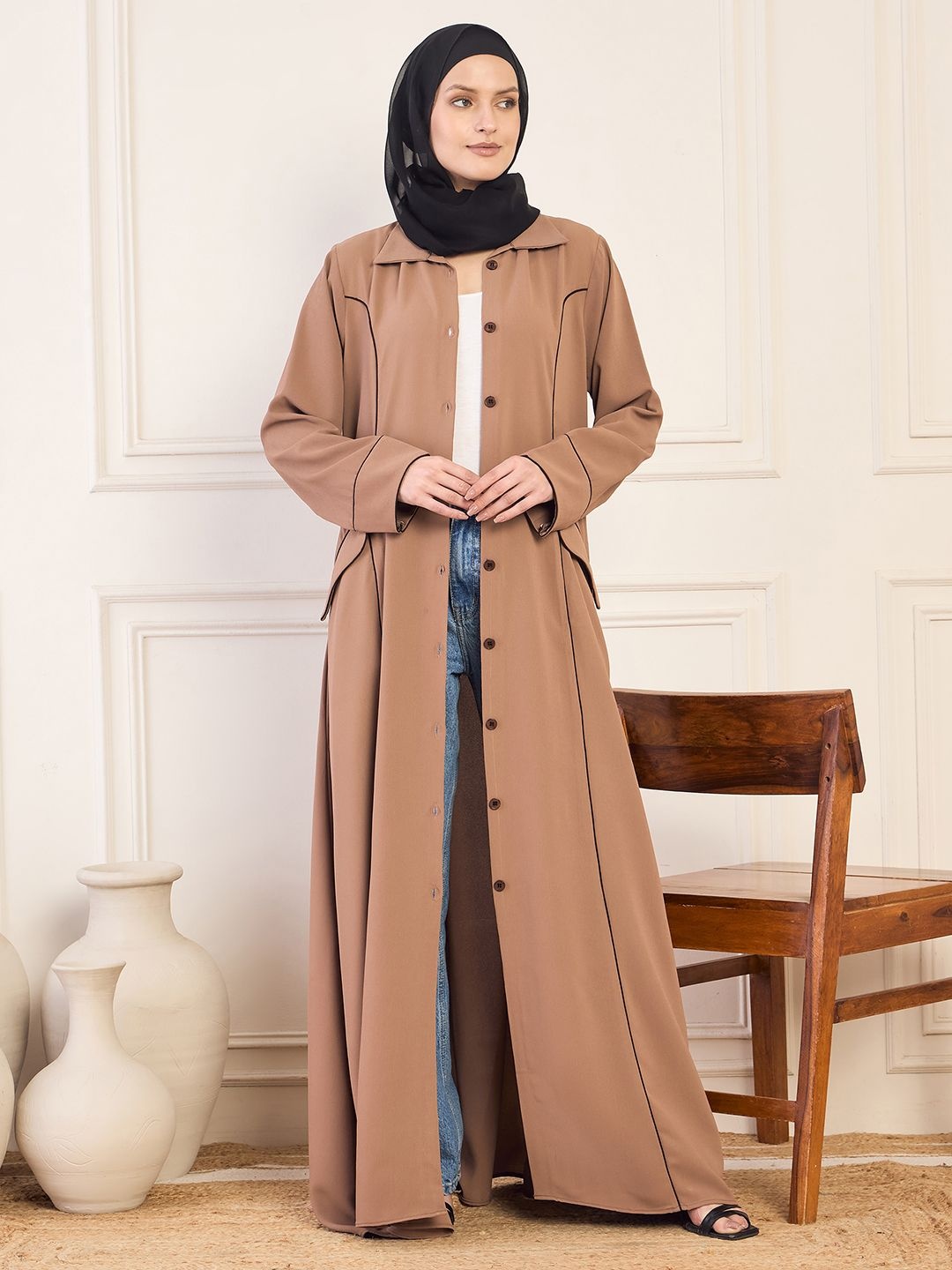 

NABIA Women Solid Open Coat Abaya Burqa, Rust