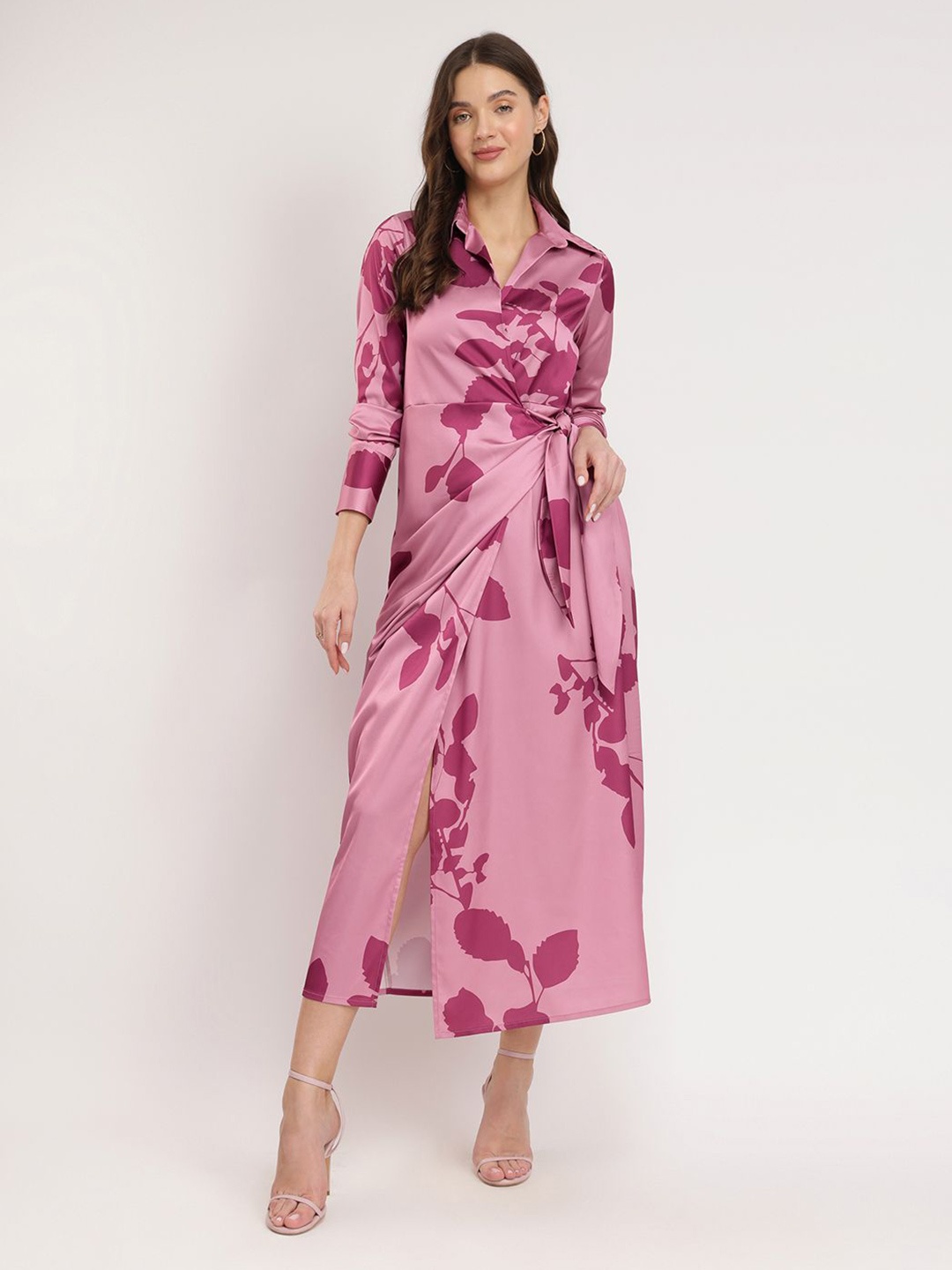 

FableStreet Women Satin Floral Print Wrap Dress - Pink Dress