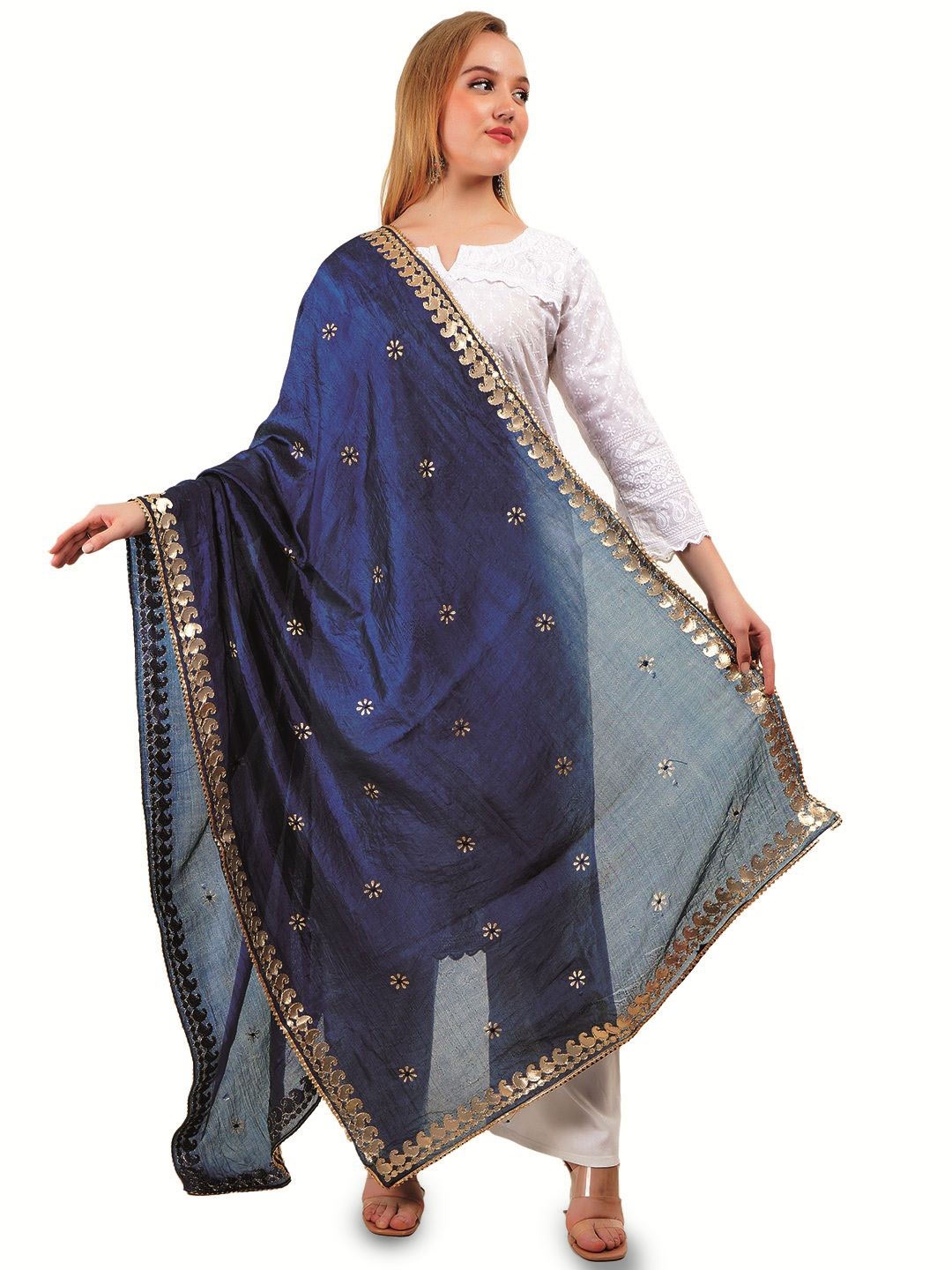 

Way2Like Floral Embroidered Gotta Patti Silk Wrap Shawl Scarf Hijab Dupatta, Blue
